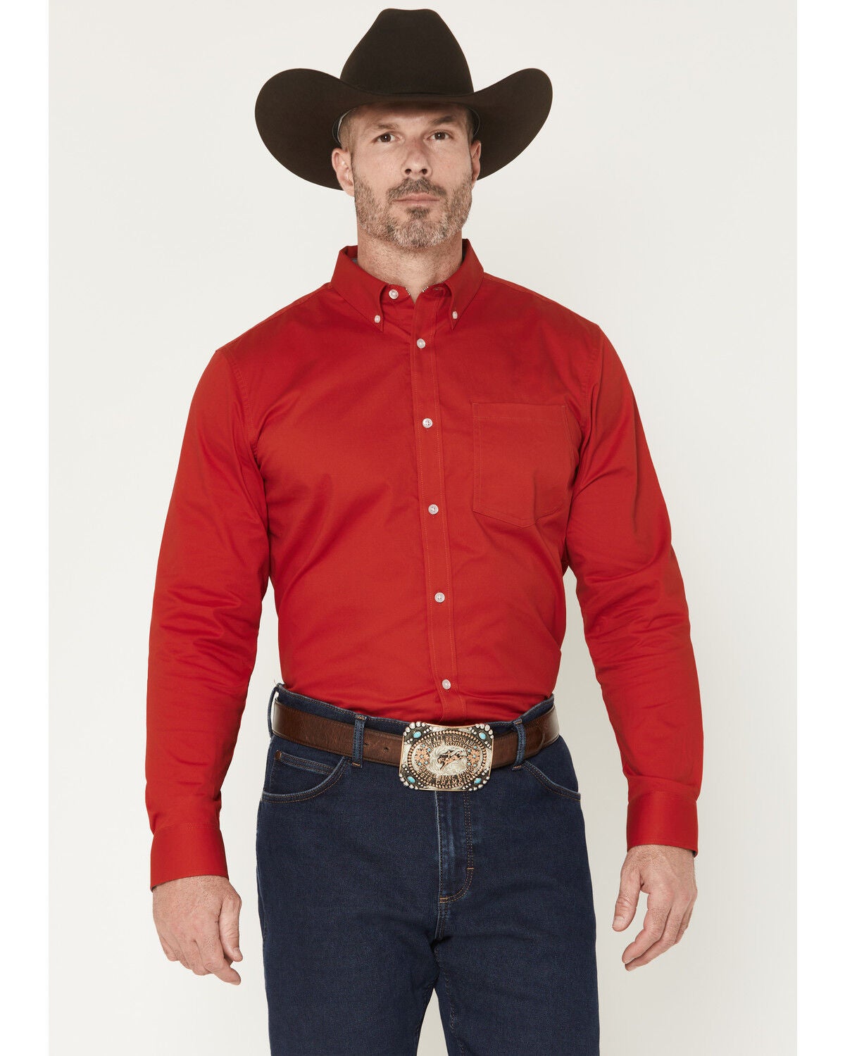 Image #1 - Cody James Men's Performance Twill Solid Long Sleeve Button-Down Stretch Western Shirt, Medium Red, hi-res