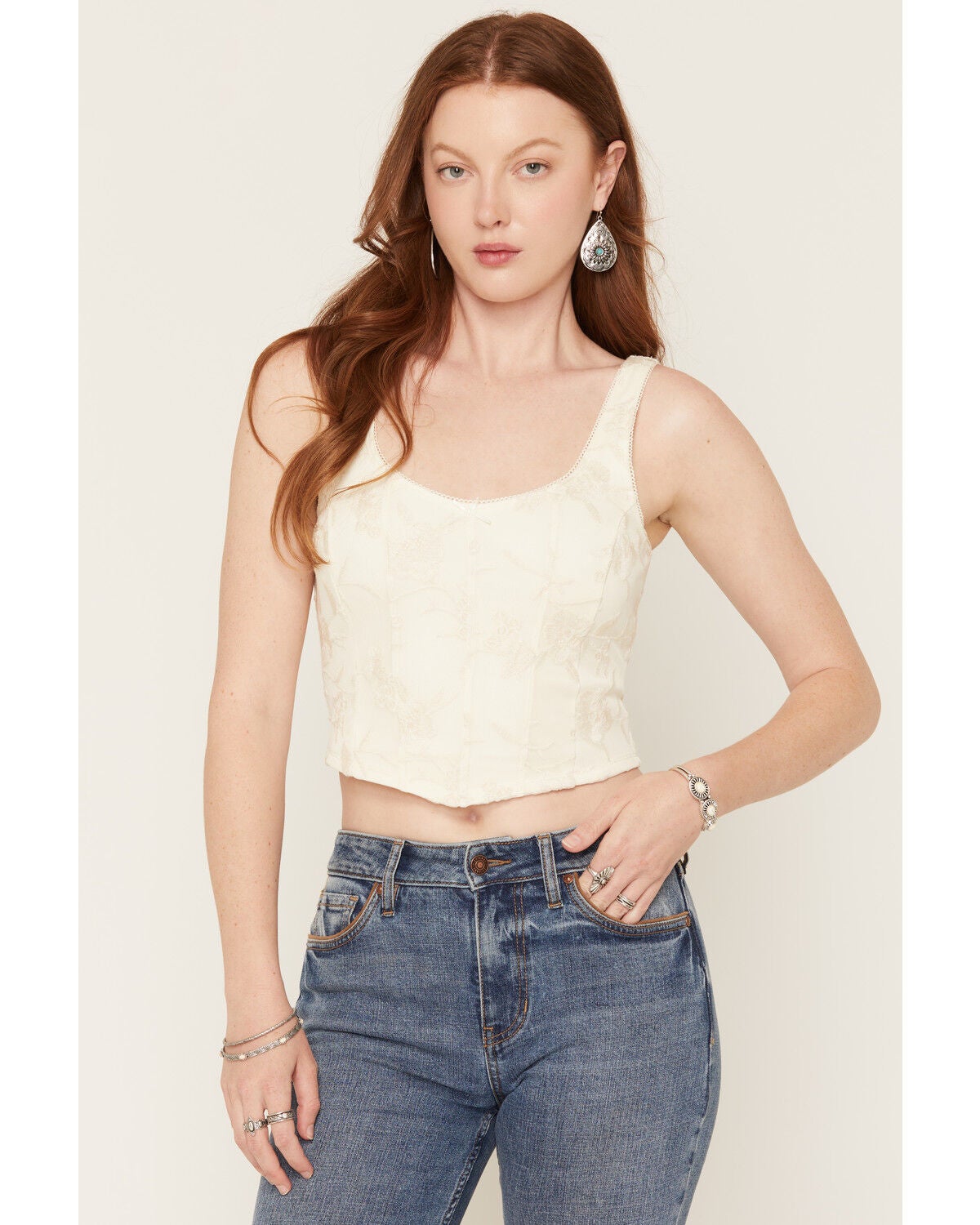 Image #1 - Originality Women's Embroidered Mesh Corset Top, Cream, hi-res