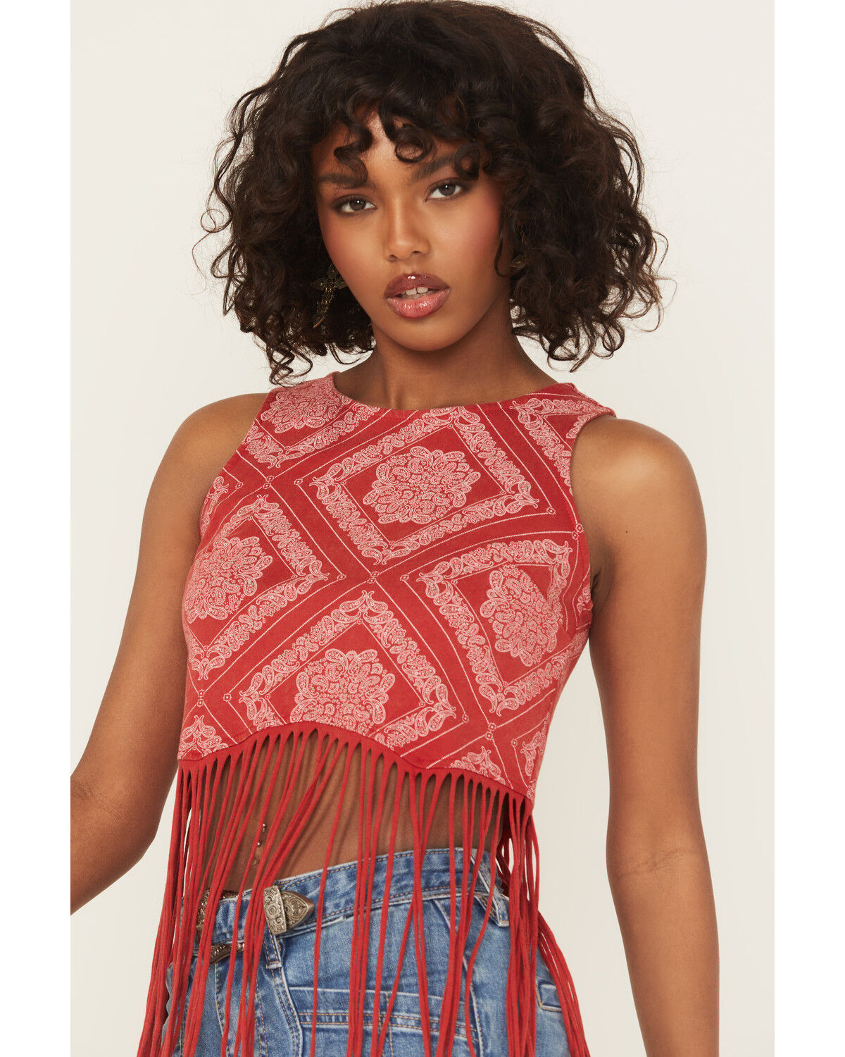 Image #2 - Rock & Roll Denim Women's Bandana Print Fringe Tank Top, Red, hi-res