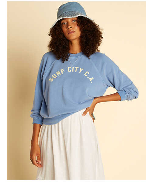 Image #1 - Billabong x Wrangler Women's On The Rise Surf City Graphic Sweatshirt, Blue, hi-res