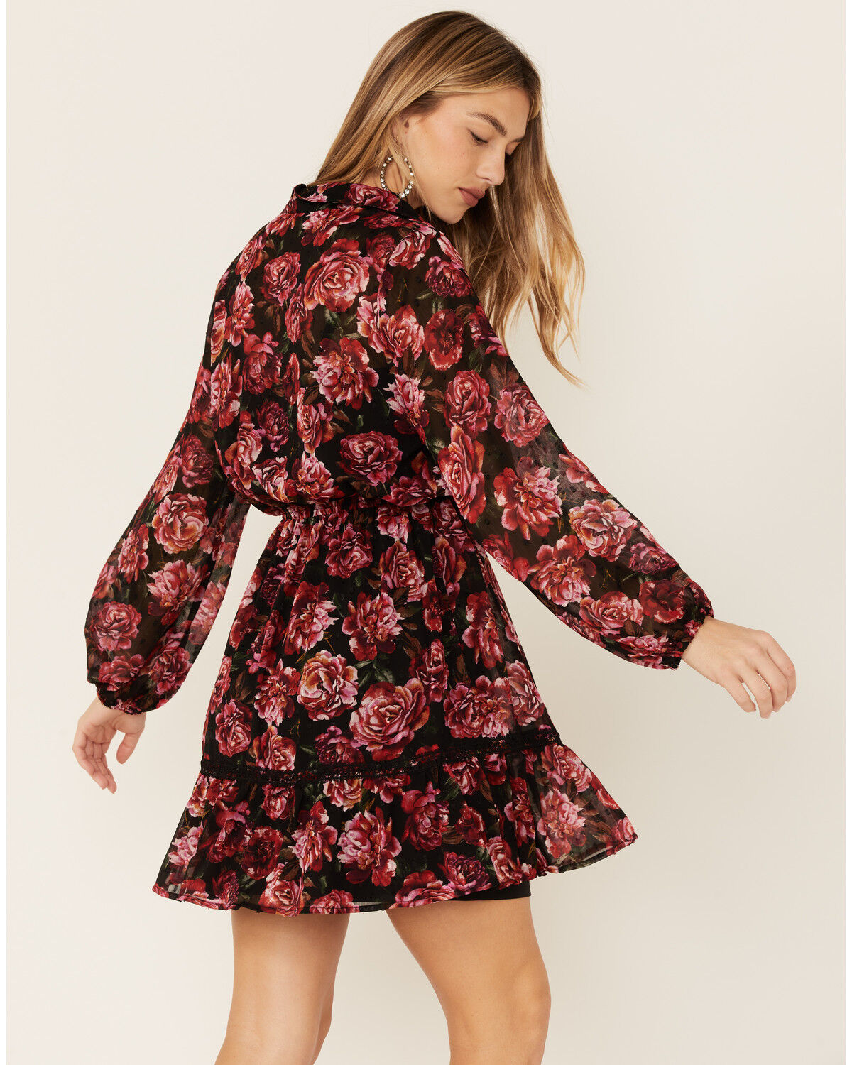 Image #3 - Lovestitch Women's Magenta Floral Floral Lace Trim Mini Dress, Magenta, hi-res