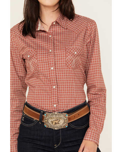 Image #3 - Rough Stock by Panhandle Women's Geo Print Long Sleeve Pearl Snap Stretch Western Shirt, Rust Copper, hi-res