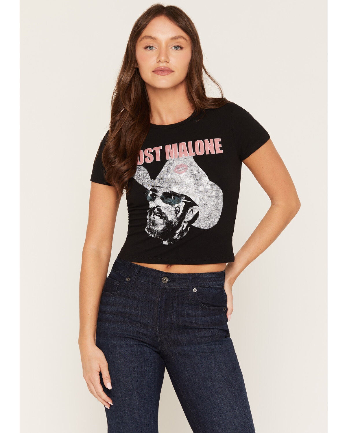Image #1 - Post Malone Women's Face Short Sleeve Graphic Baby Tee, Black, hi-res