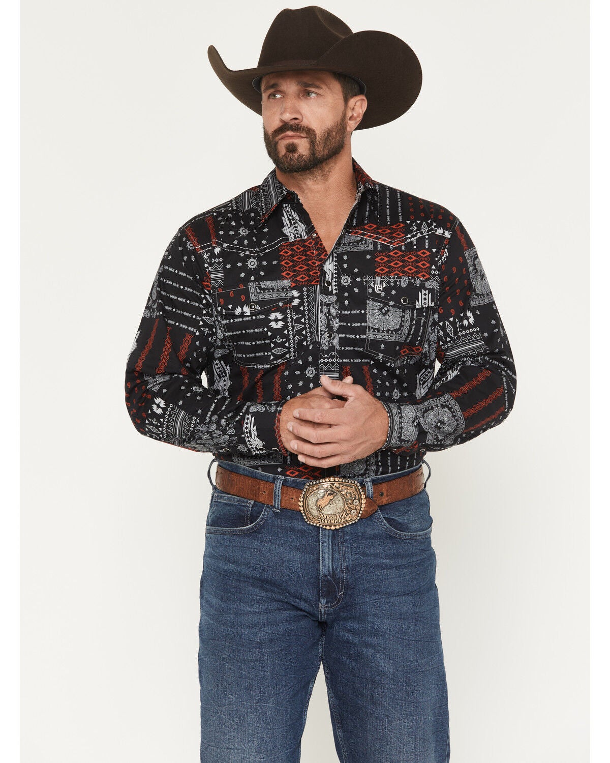 Image #1 - Cowboy Hardware Men's Southwestern Bandana Print Long Sleeve Snap Stretch Western Shirt, Black, hi-res