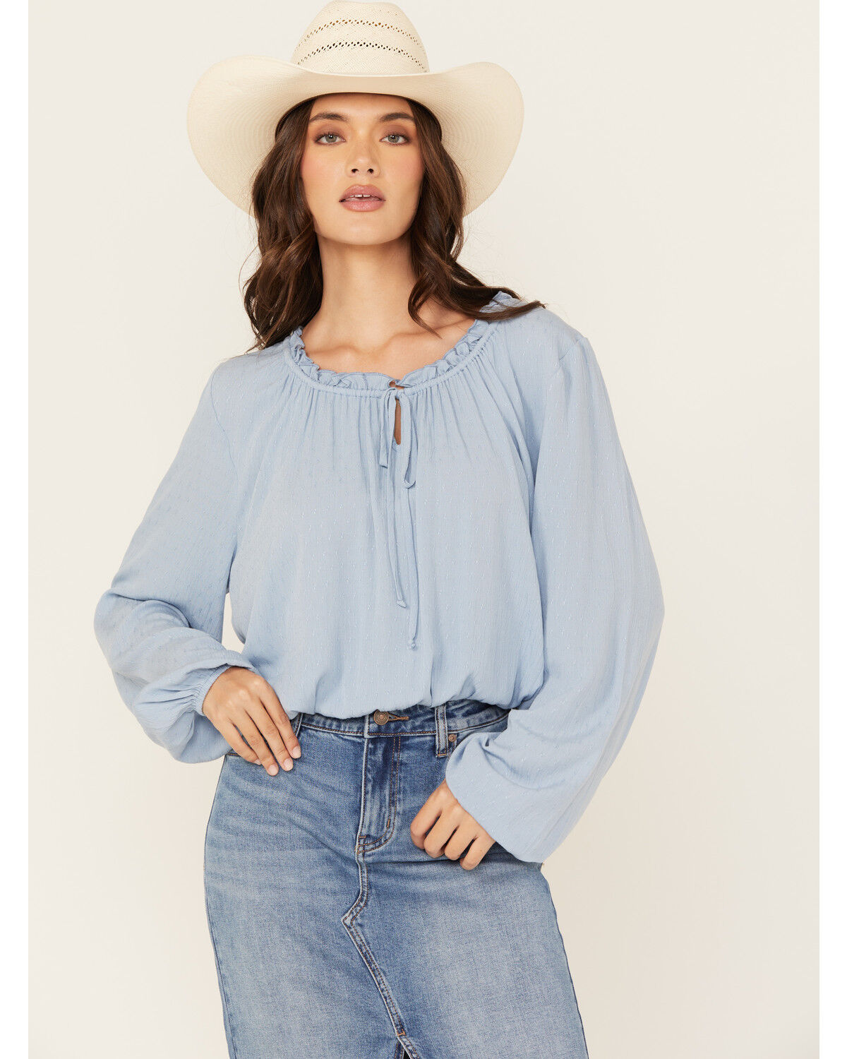 Image #1 - Wild Moss Women's Tie-Front Long Sleeve Top, Light Blue, hi-res