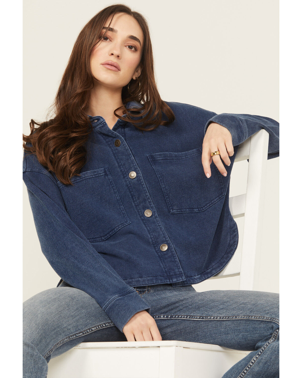 Image #1 - White Crow Women's Denim Knit Long Sleeve Button-Down Cropped Shacket, Dark Blue, hi-res