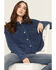 Image #1 - White Crow Women's Denim Knit Long Sleeve Button-Down Cropped Shacket, Dark Blue, hi-res