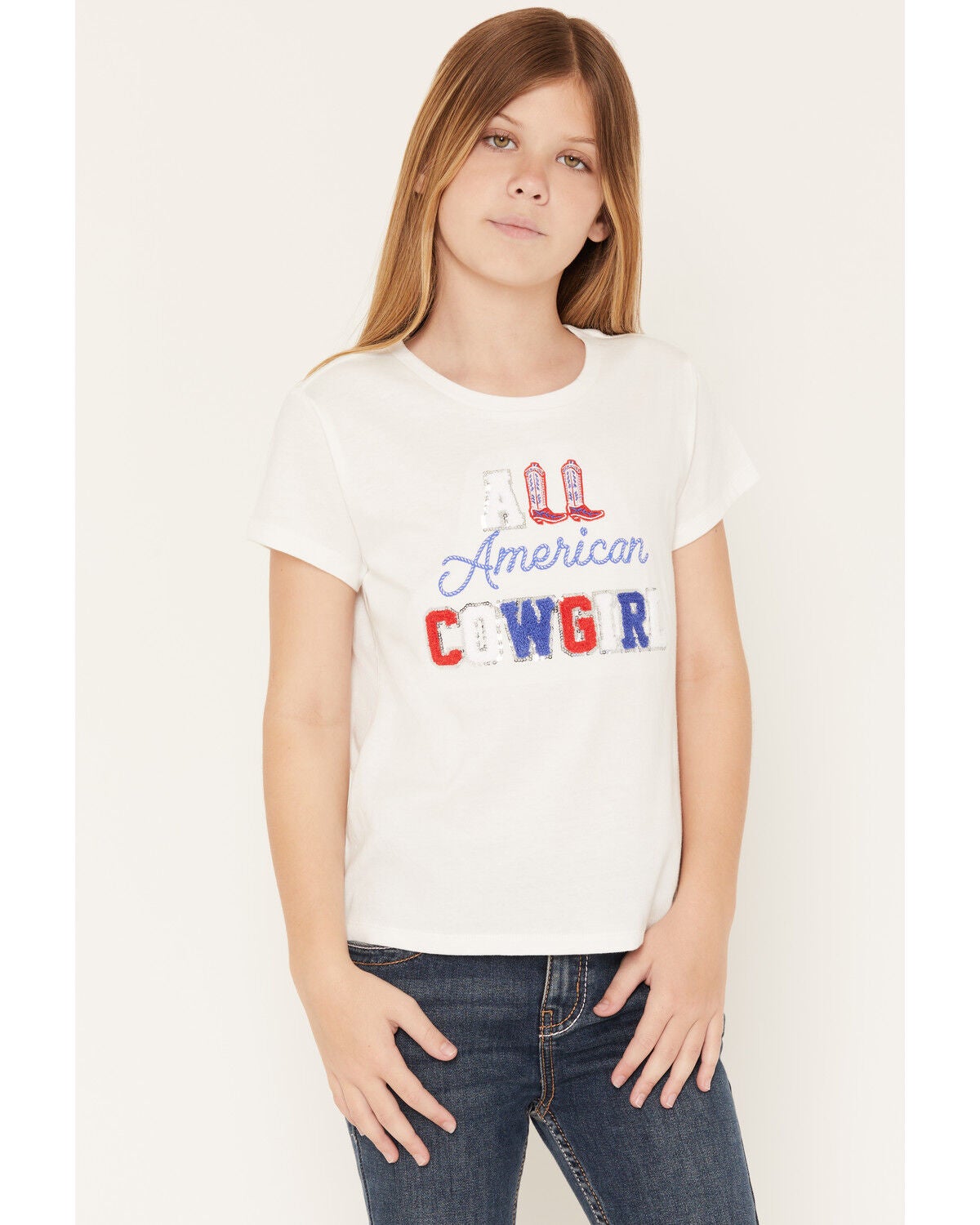 Image #1 - Buttercup Girls' All American Cowgirl Short Sleeve Tee, White, hi-res