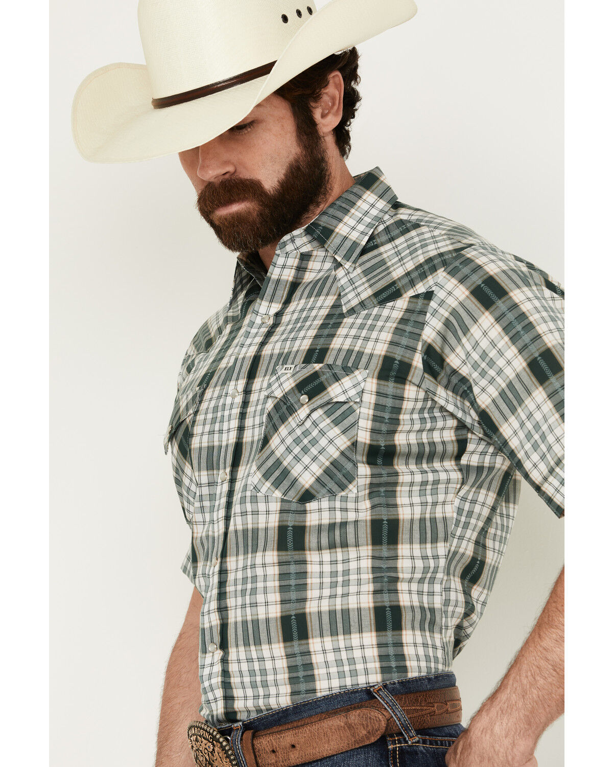 Image #2 - Ely Walker Men's Dobby Plaid Print Short Sleeve Snap Western Shirt, Green, hi-res