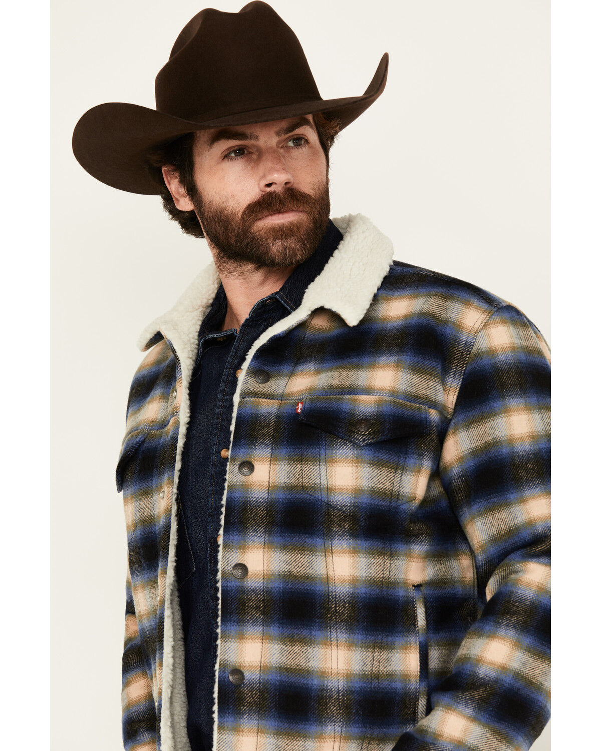 Image #2 - Levi's Men's Plaid Print Sherpa Lined Trucker Jacket, Blue, hi-res