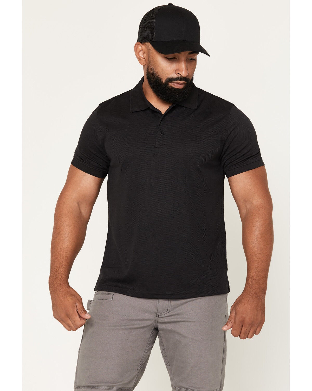 Strauss Men's Solid Short Sleeve Button-Down Performance Polo Shirt, Black, hi-res