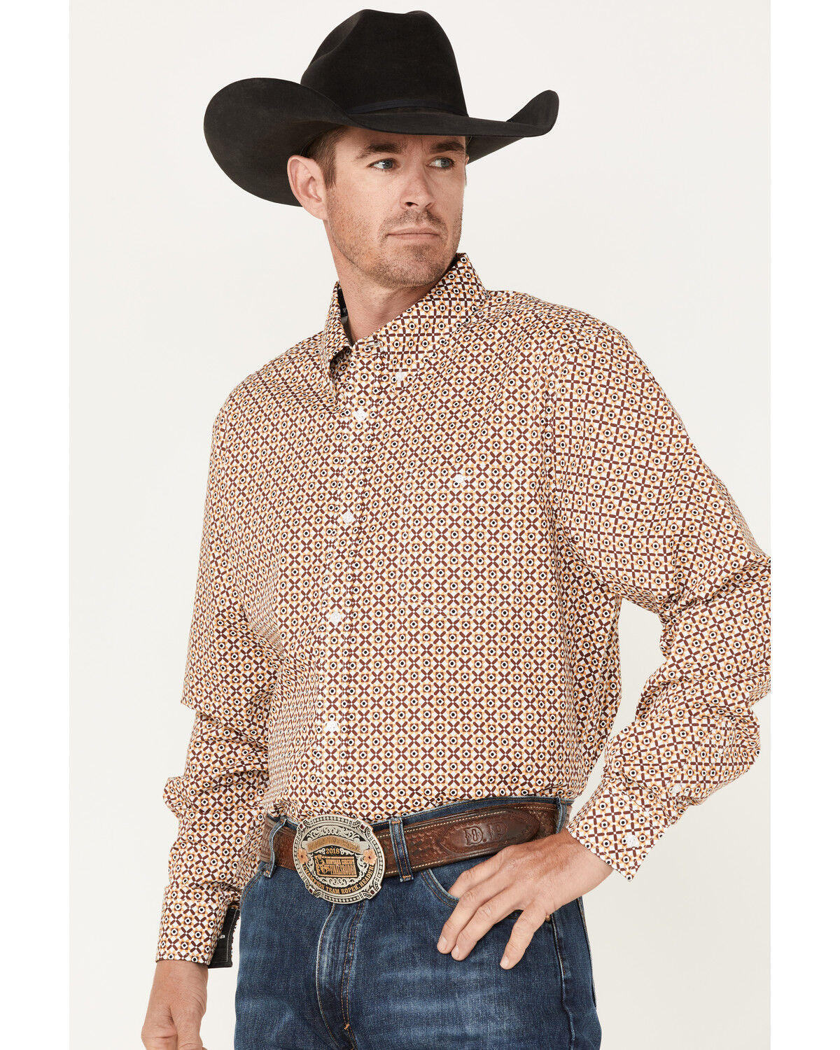 Image #2 - RANK 45® Men's Stirrup Geo Print Long Sleeve Western Button-Down Shirt, Light Red, hi-res