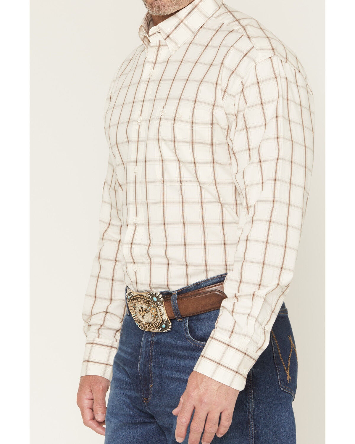 Image #3 - George Strait by Wrangler Men's Plaid Print Long Sleeve Button-Down Stretch Western Shirt - Tall, Cream, hi-res