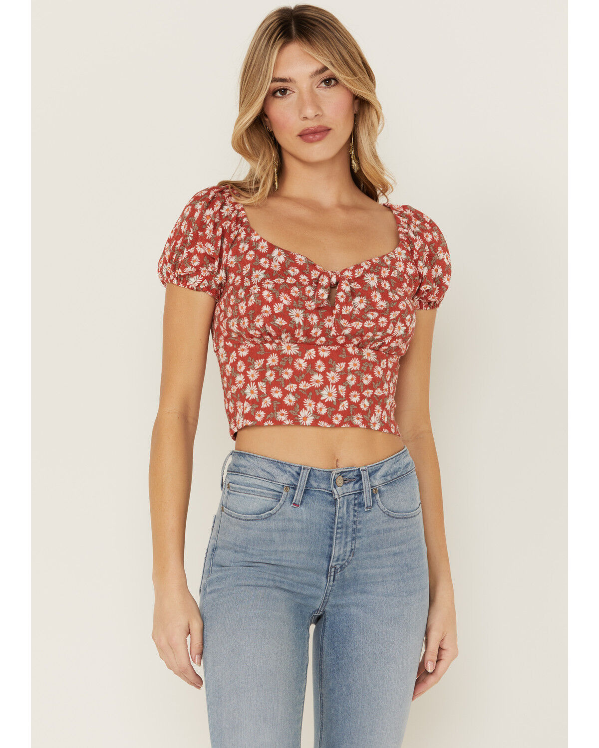 Image #1 - Idyllwind Women's Bay Cove Floral Crop Peasant Top, Brick Red, hi-res
