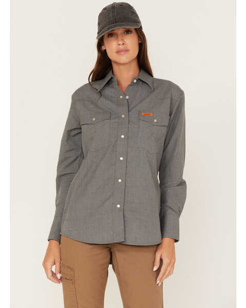 Wrangler Women's FR Long Sleeve Pearl Snap Western Work Shirt, Grey, hi-res