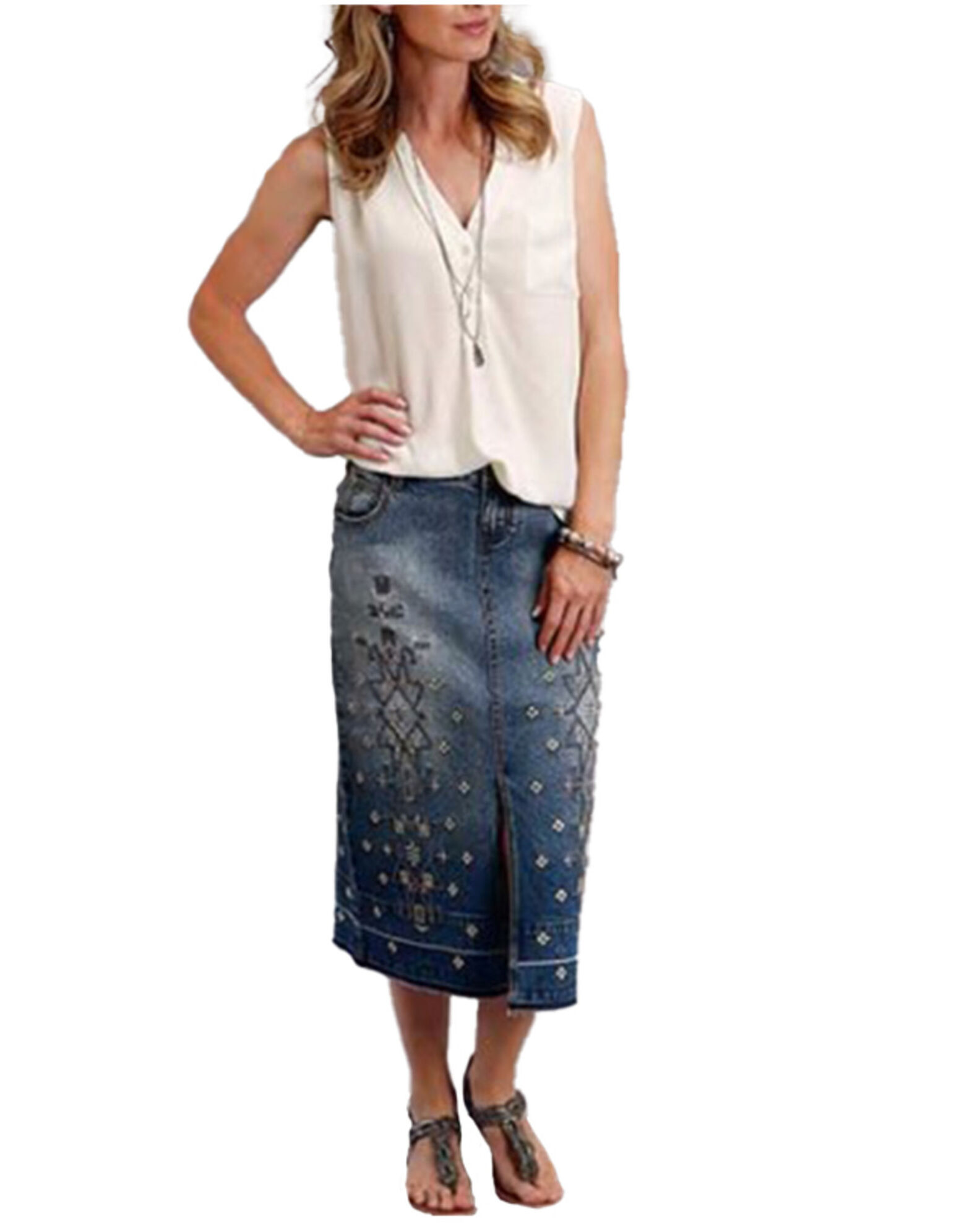 Embroidered denim midi skirt sale
