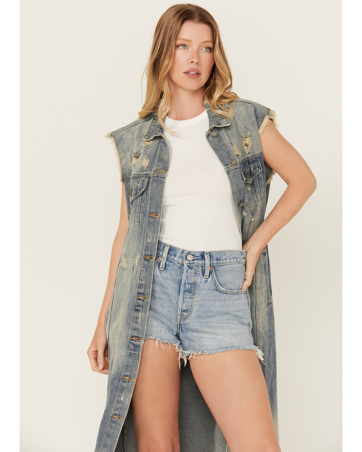 Image #2 - Veveret Women's Long Distressed Denim Vest, Medium Wash, hi-res