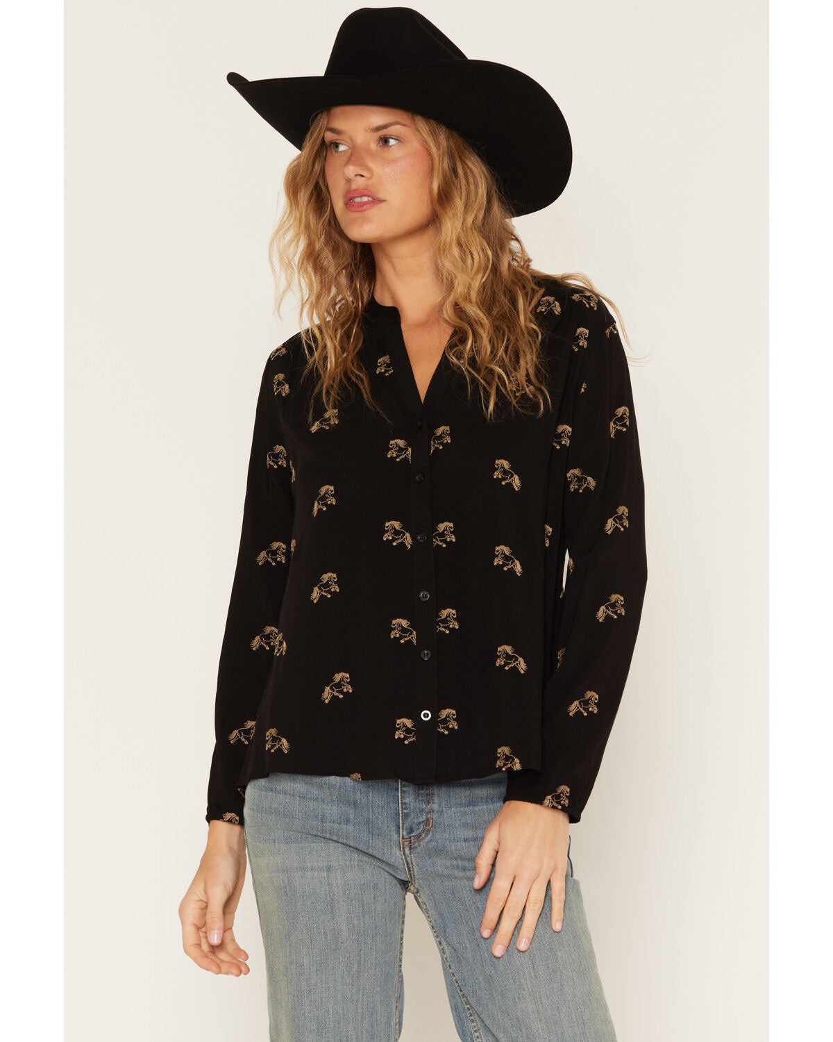 Rosabelle Honey Women's Horse Embroidered Long Sleeve Button-Down Shirt, Black, hi-res