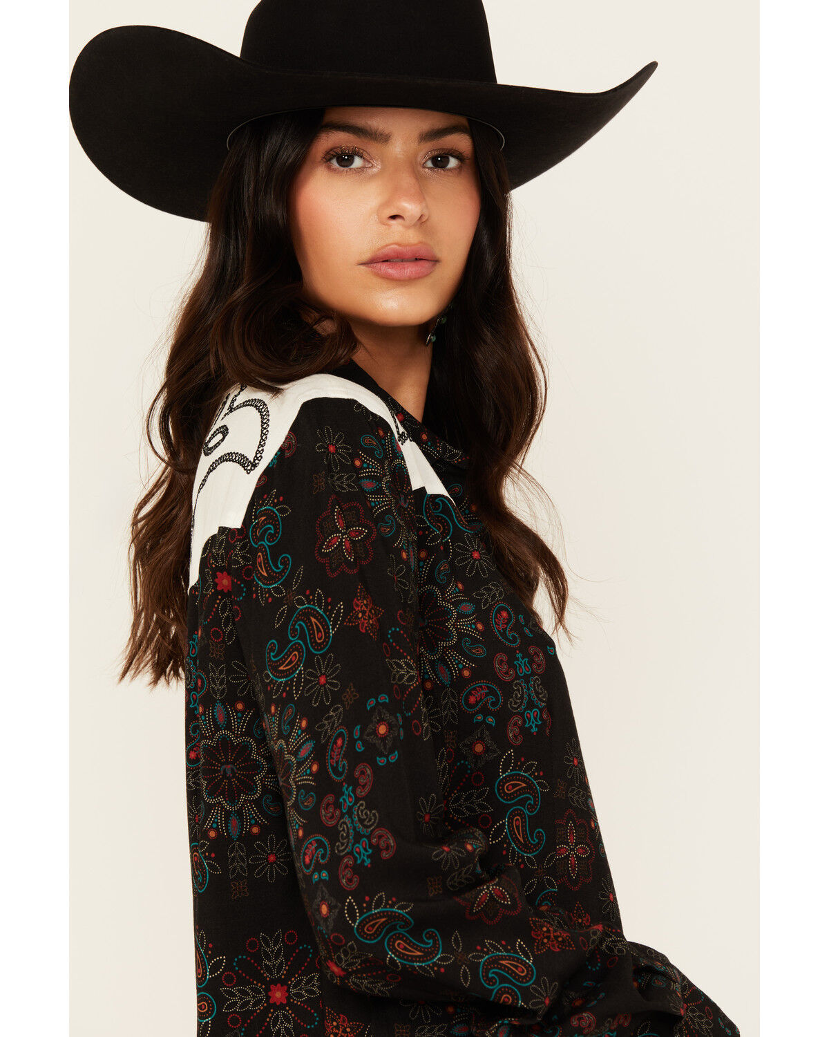 Image #2 - Panhandle Women's Floral Print Embroidered Long Sleeve Snap Western Shirt, Black, hi-res
