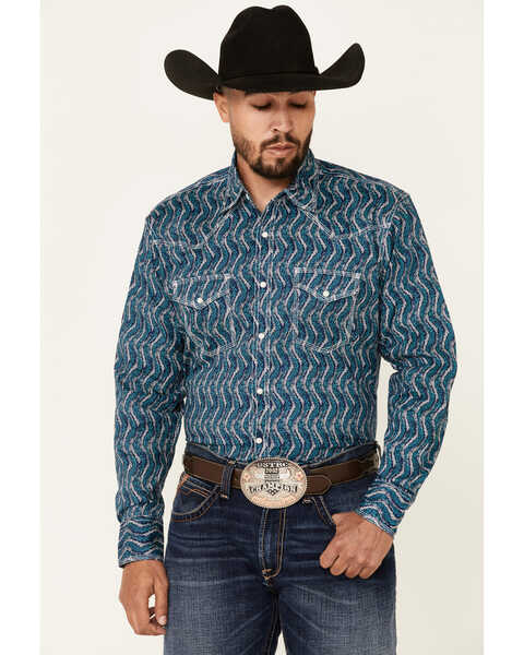 Image #1 - Wrangler 20X Men's Stippled Geo Print Long Sleeve Snap Western Shirt , Blue, hi-res