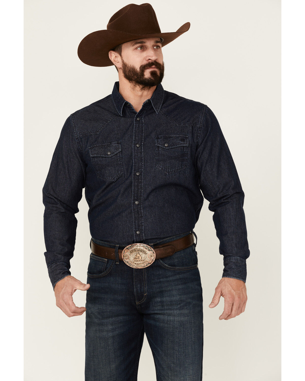 Image #2 - Blue Ranchwear Men's Heavyweight Dark Wash Denim Snap Western Shirt, Dark Blue, hi-res