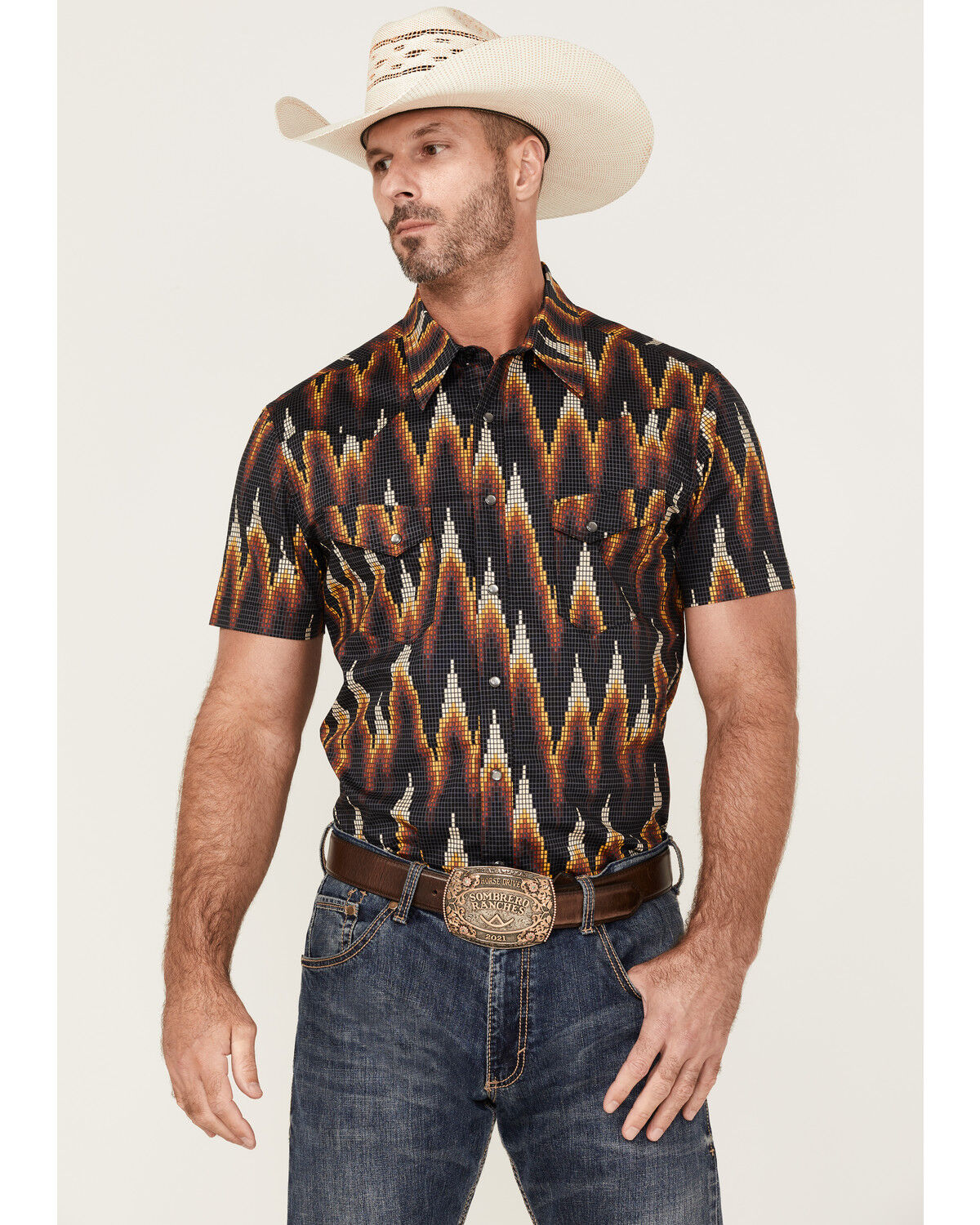 Image #1 - Dale Brisby Men's Digital Print Short Sleeve Snap Western Shirt, Charcoal, hi-res