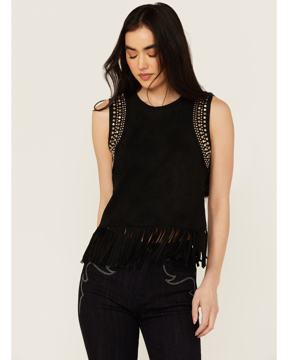Image #1 - Idyllwind Women's Lillian Studded Fringe Faux Suede Tank Top, Black, hi-res