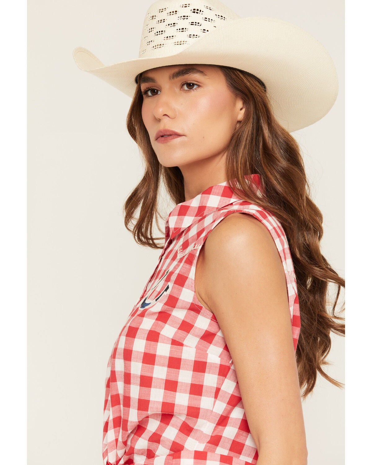 Image #2 - Shyanne Women's Dunes Gingham Tie-Front Sleeveless Pearl Snap Western Shirt, Red, hi-res