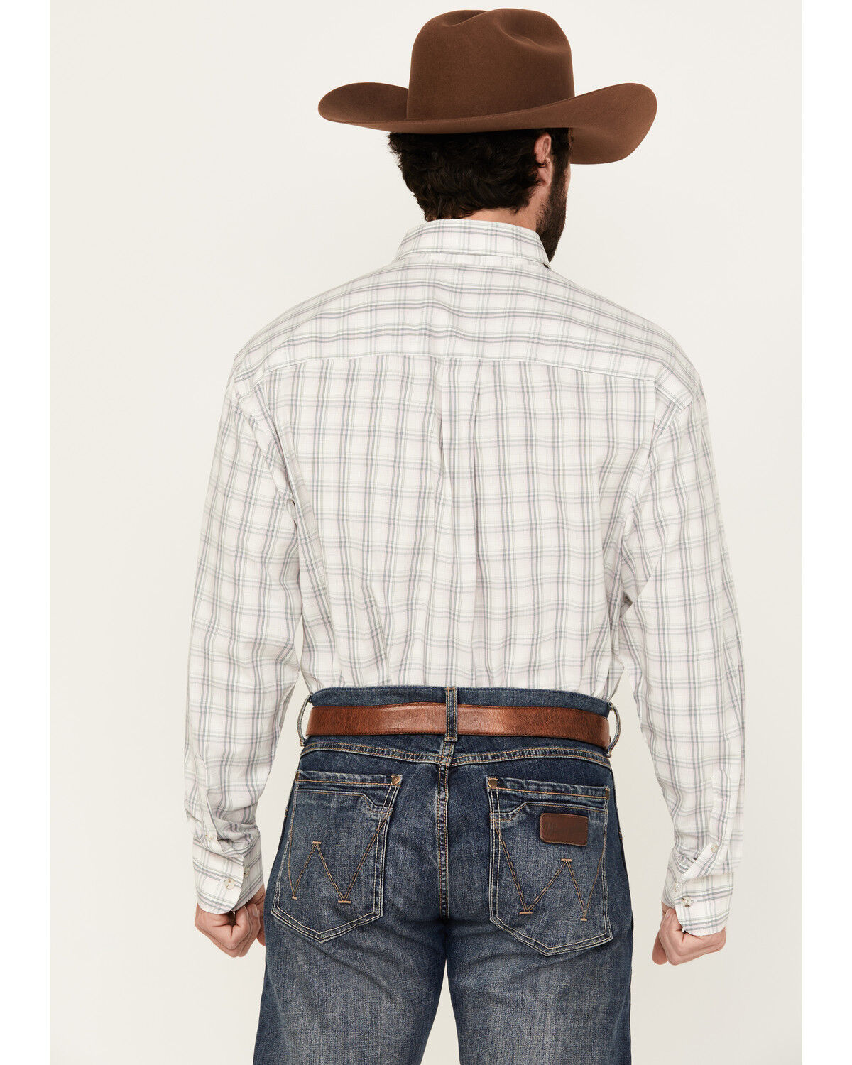 Image #4 - George Strait by Wrangler Men's Plaid Print Long Sleeve Button-Down Stretch Western Shirt, Light Grey, hi-res