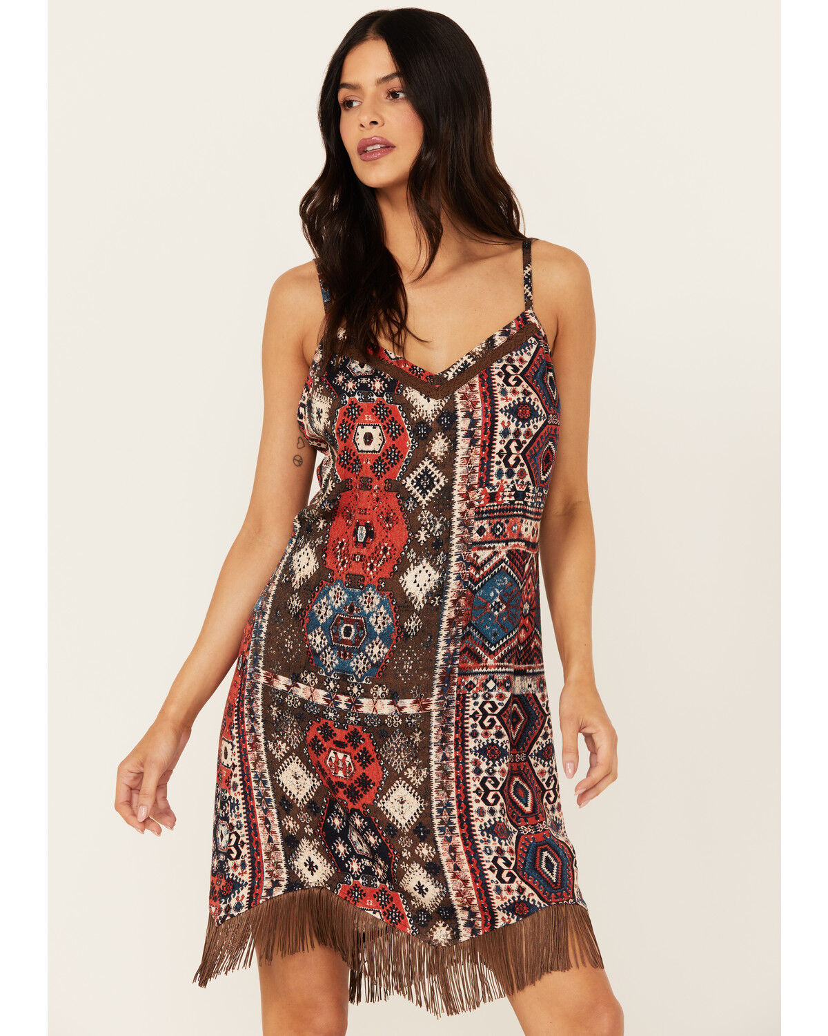 Image #3 - Idyllwind Women's Yearling Printed Fringe Mini Slip Dress, Dark Brown, hi-res