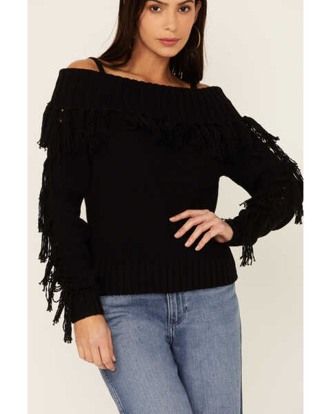 Shyanne Women's Black Off-Shoulder Fringe Long Sleeve Knit Sweater, Black, hi-res