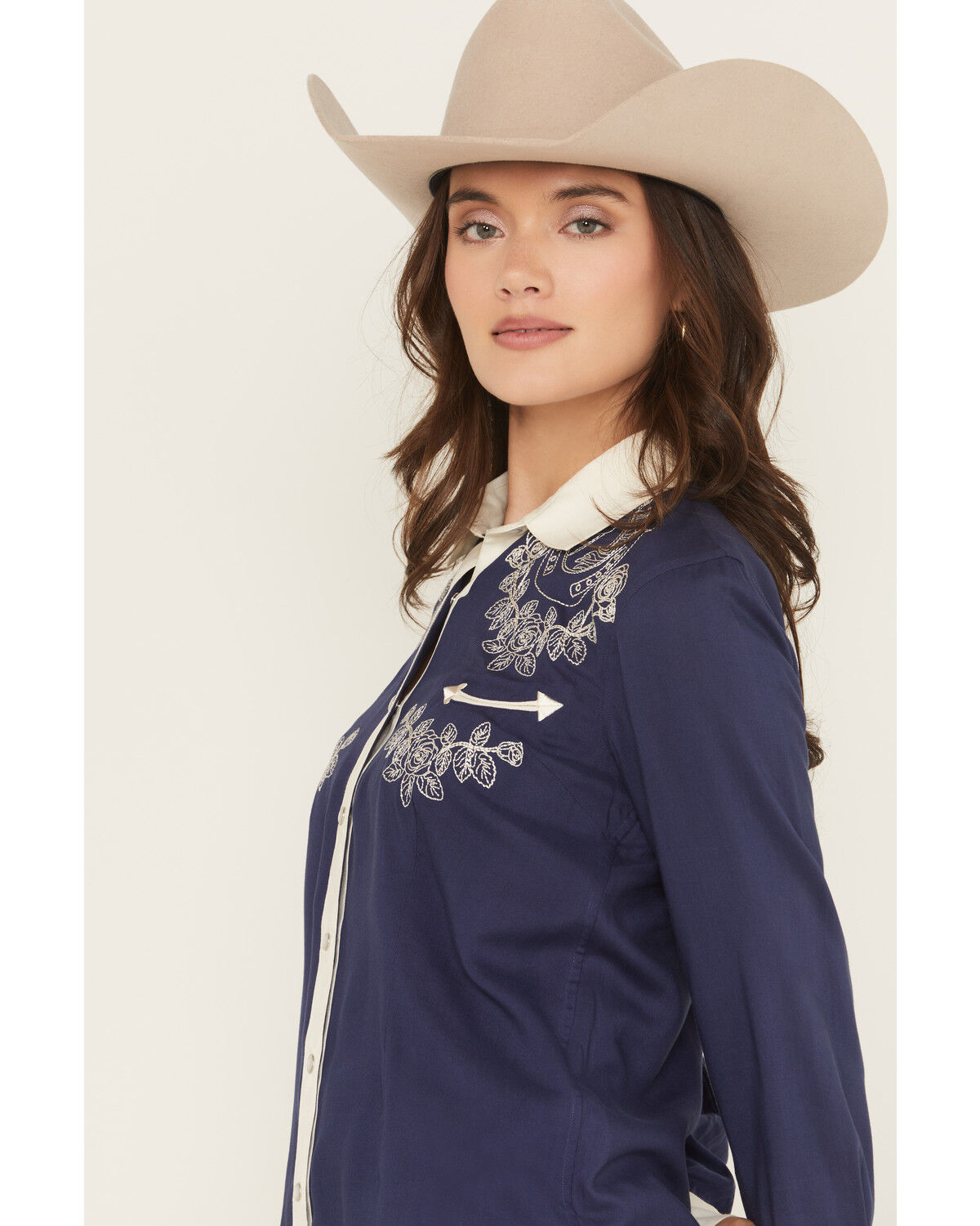 Image #2 - Panhandle Women's Retro Floral & Horse Embroidered Long Sleeve Pearl Snap Western Shirt, Navy, hi-res