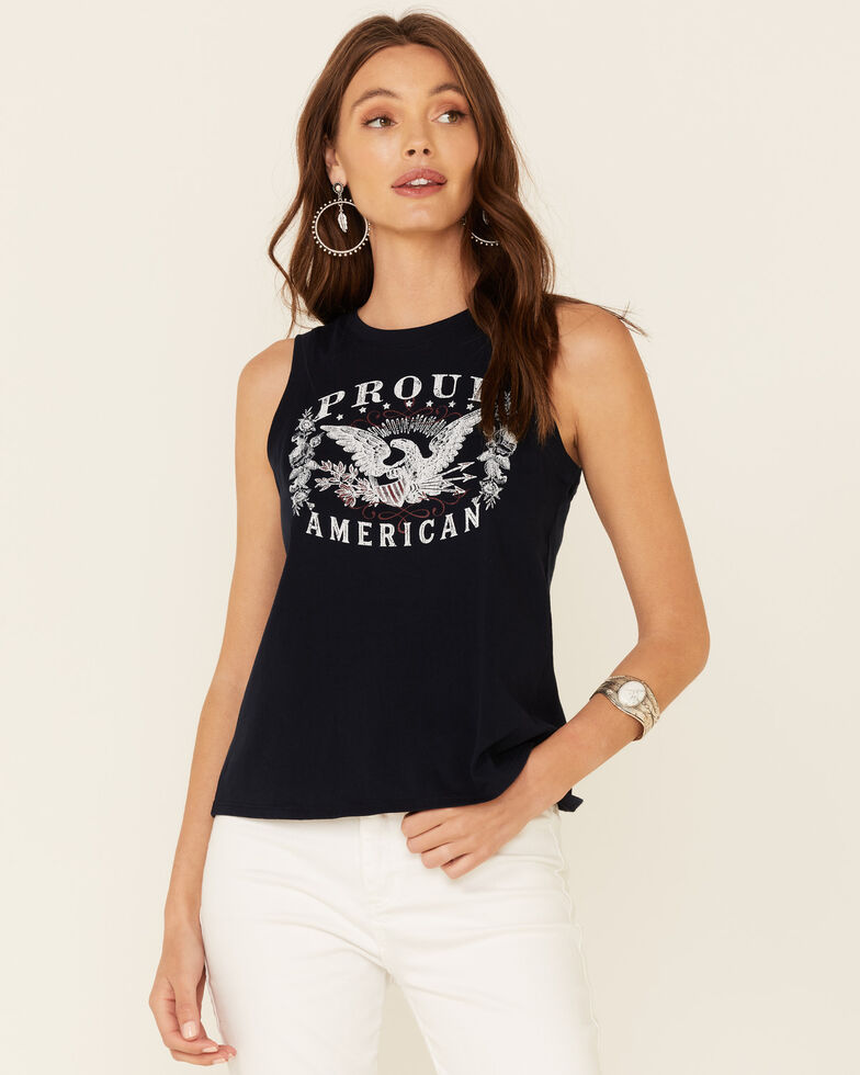 Shyanne Women's Proud American Graphic Crossover Back Tank Top , Navy, hi-res