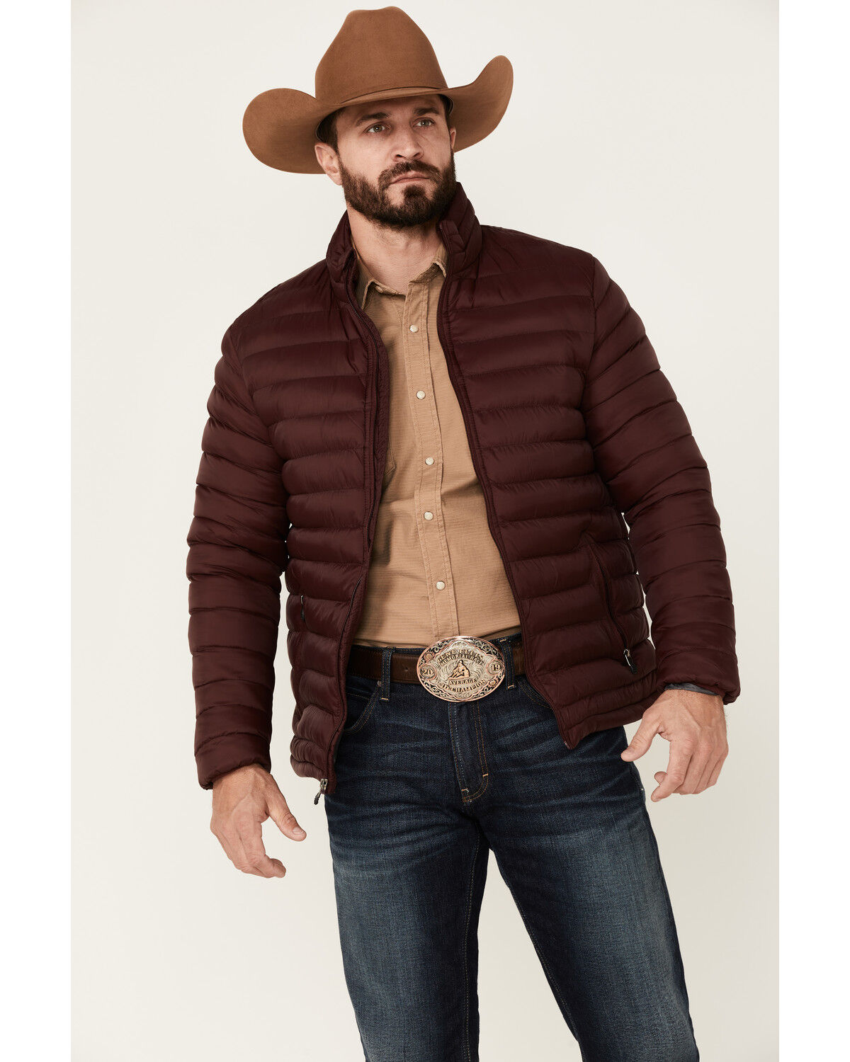 Image #1 - Rodeo Clothing Men's Burgundy & Gray Quilted Zip-Front Puffer Jacket , , hi-res