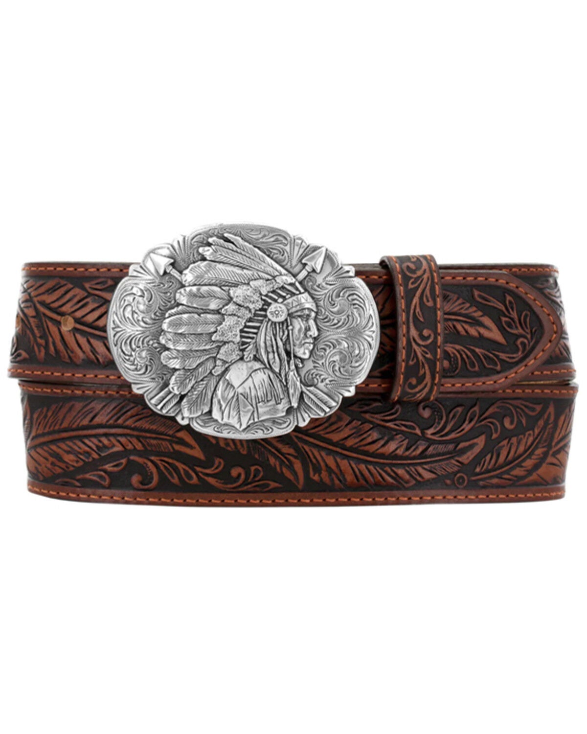 Tony Lama Men's Tan Feather Tooled Western Belt, Tan, hi-res