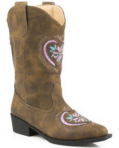 Roper Youth Girls' Pink Glitter Heart Cowgirl Boots - Snip Toe , Brown, hi-res