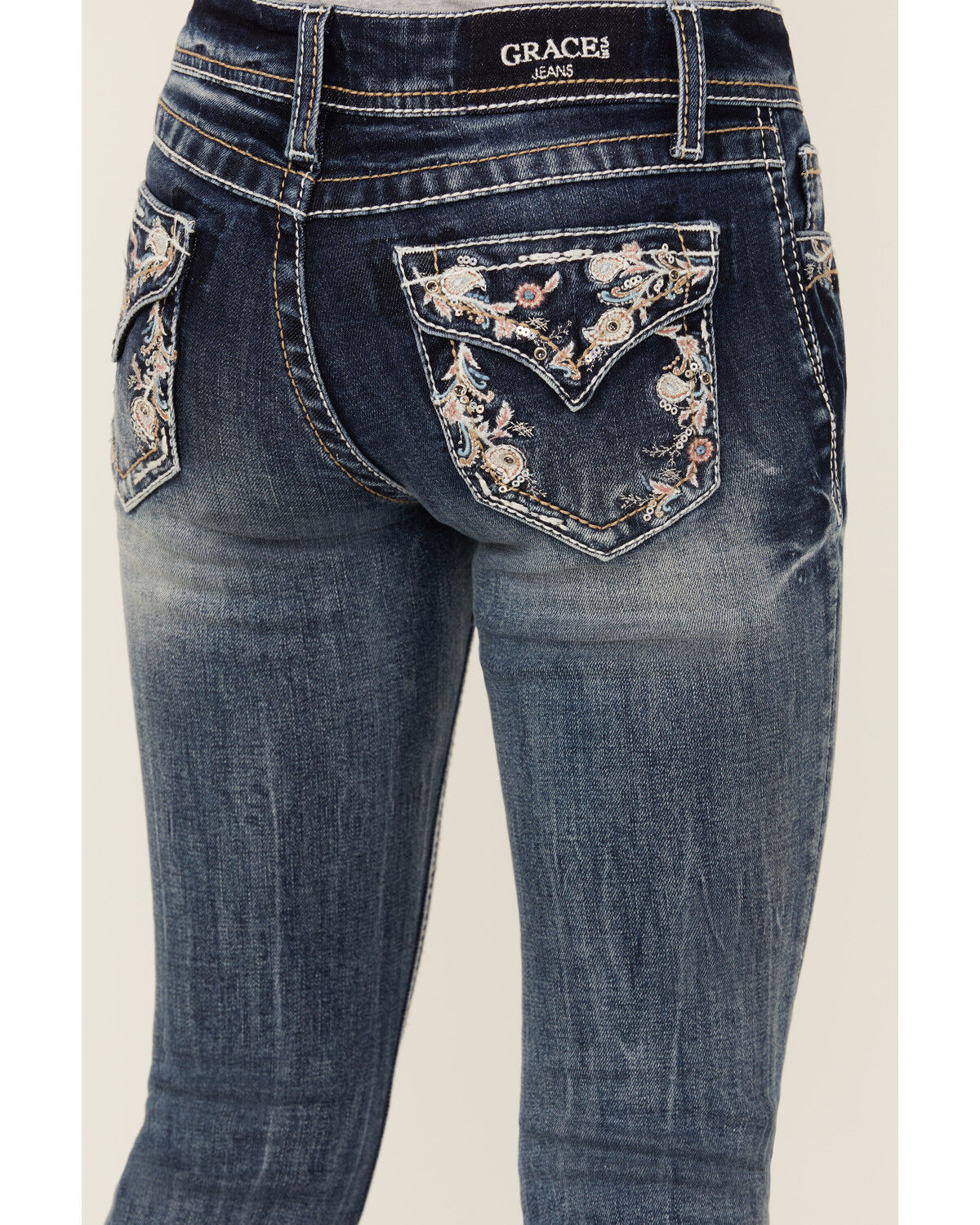 Image #2 - Grace in LA Girls' Medium Wash Paisley Embroidered Faux Flap Pocket Bootcut Stretch Denim Jeans, Medium Wash, hi-res