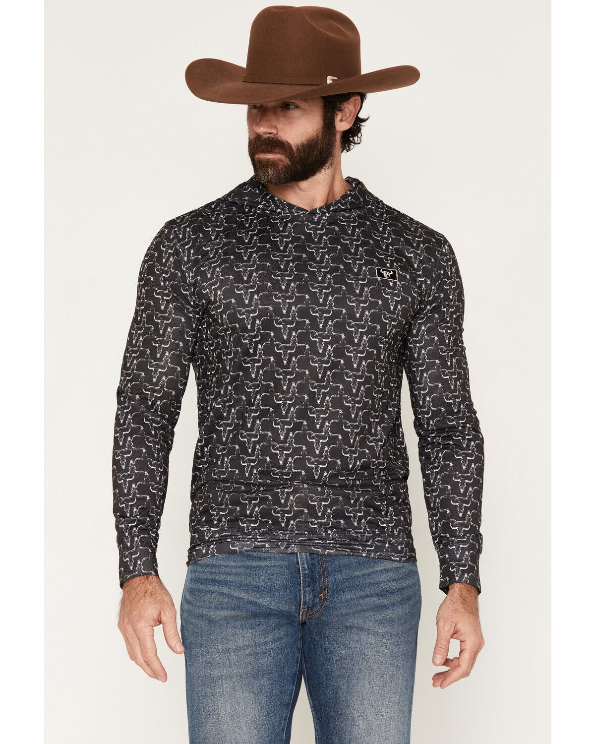 Cowboy Hardware Hombre Skull Print Long Sleeve Hooded Shirt, Black, hi-res