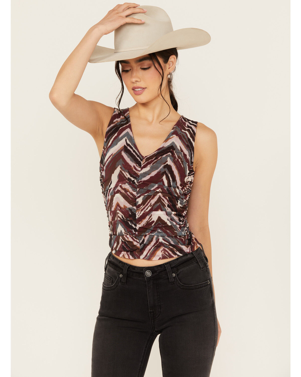 Image #1 - Shyanne Women's Printed Ruched Mesh Top, Maroon, hi-res