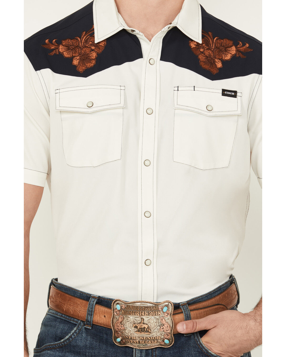 Image #3 - Cinch Men's Embroidered Flowers Short Sleeve Snap Western Shirt, Cream, hi-res