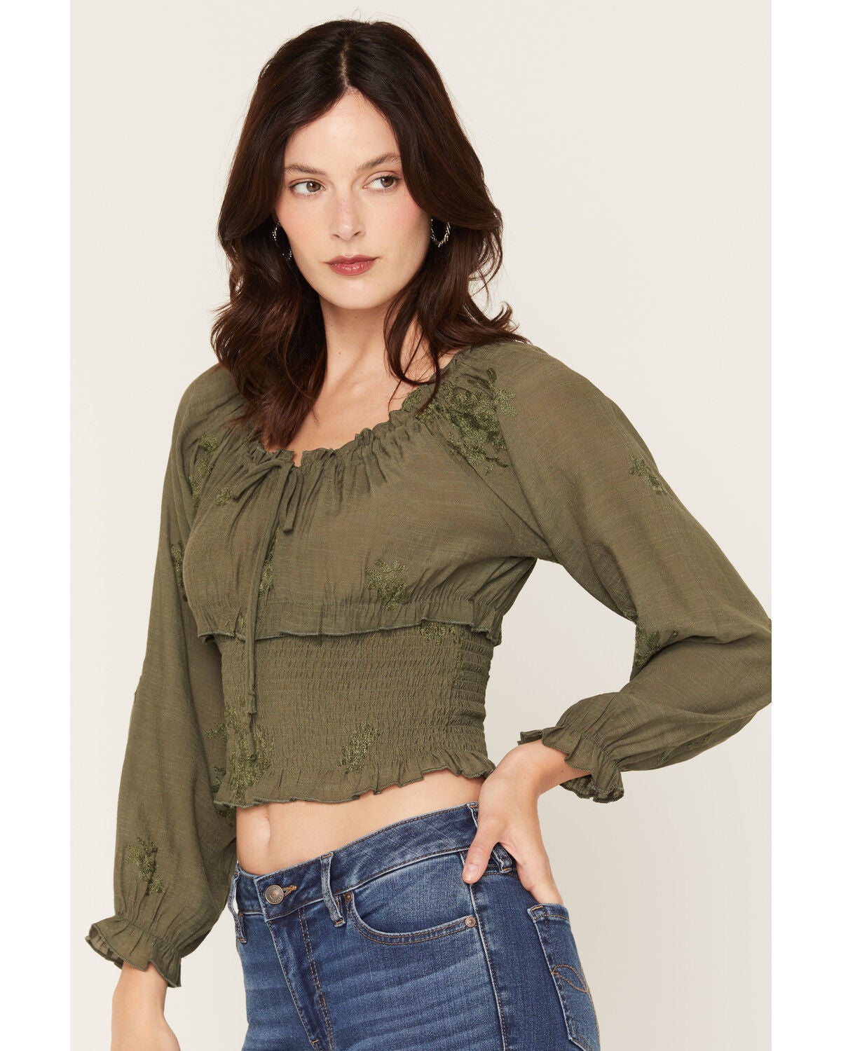 Image #2 - Wild Moss Women's Smocked Bottom Long Sleeve Top, Olive, hi-res