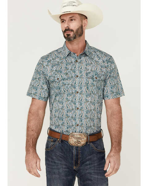 Cody James Men's Vista Paisley Print Short Sleeve Snap Western Shirt , Blue, hi-res