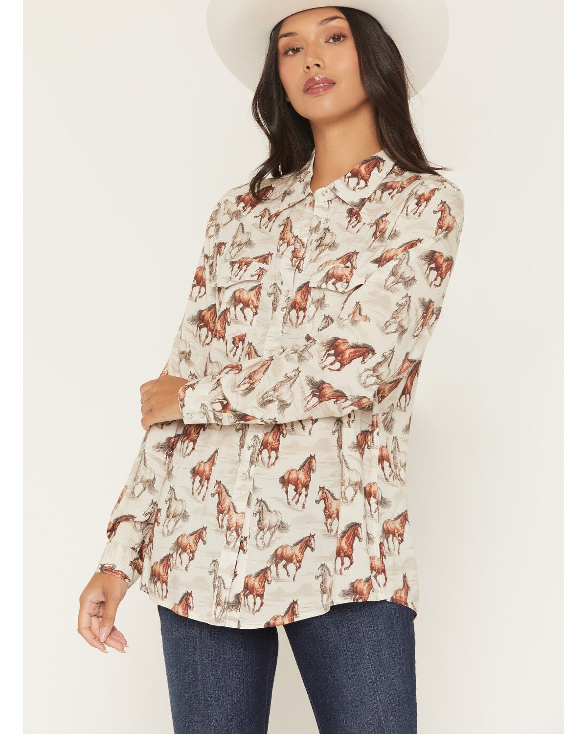 Image #1 - Panhandle Slim Women's Running Horse Long Sleeve Snap Western Shirt, Beige, hi-res