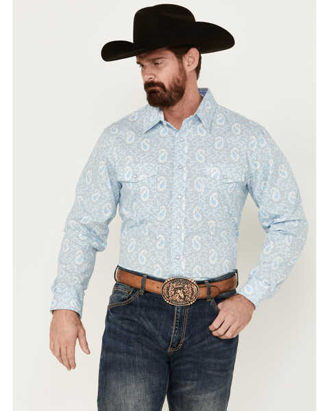 Panhandle Men's Paisley Print Long Sleeve Pearl Snap Western Shirt , Light Blue, hi-res