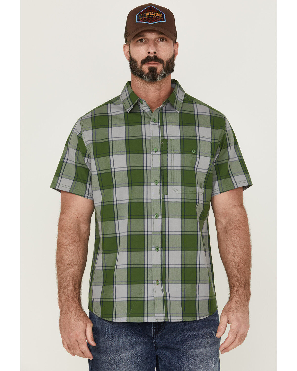 Image #1 - Brothers and Sons Men's Performance Large Plaid Short Sleeve Button-Down Western Shirt, Kelly Green, hi-res