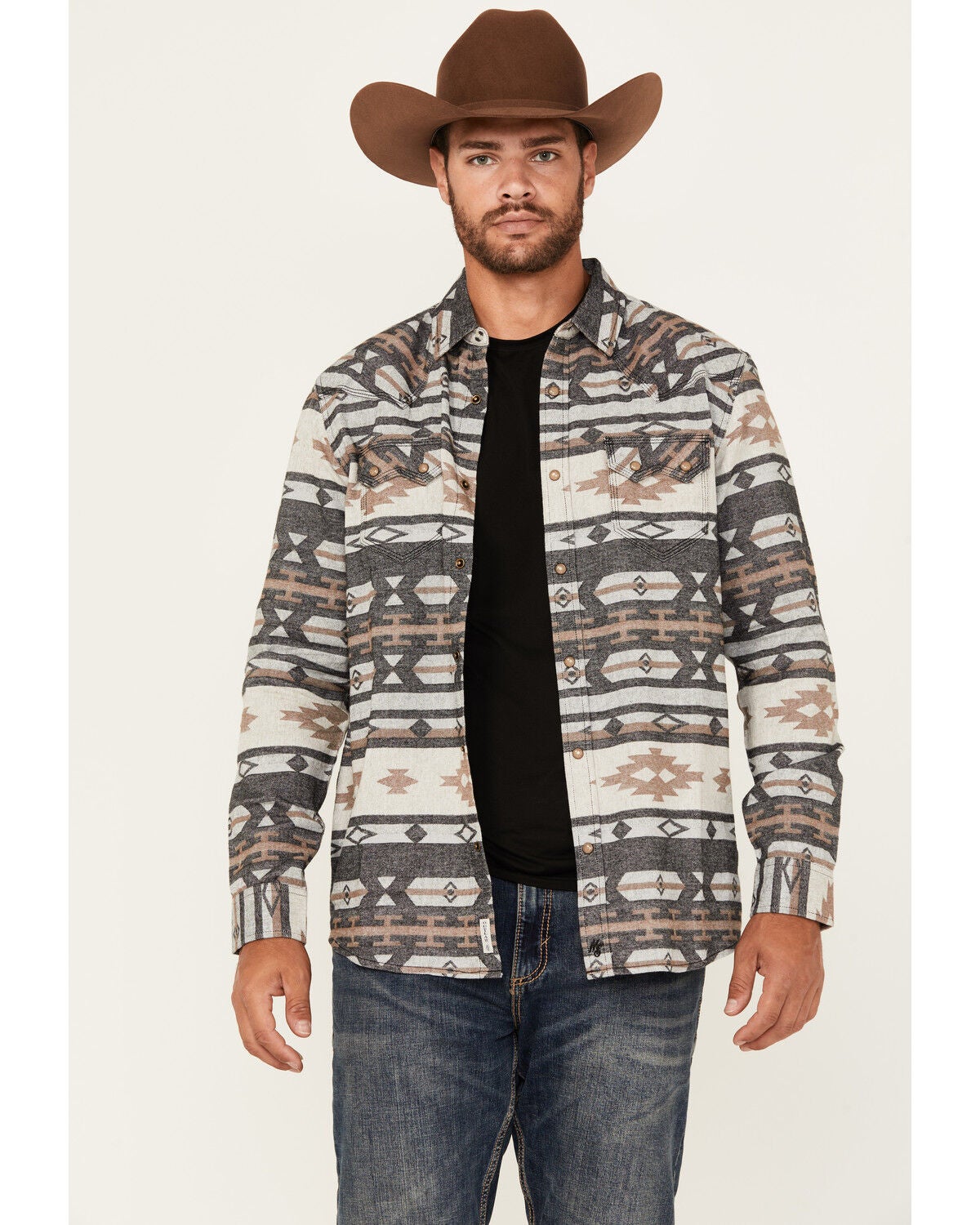 Image #1 - Moonshine Spirit&reg; Men's Gun Shop Southwestern Print Long Sleeve Snap Flannel Shirt, Tan, hi-res