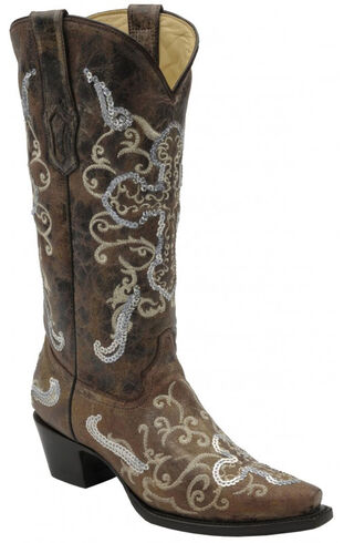 Corral Tobacco with Beige and Silver Sequence Cross Boots - Snip Toe ...