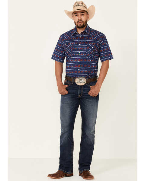 Image #2 - Rough Stock By Panhandle Men's Indigo Southwestern Stripe Short Sleeve Snap Western Shirt , Indigo, hi-res