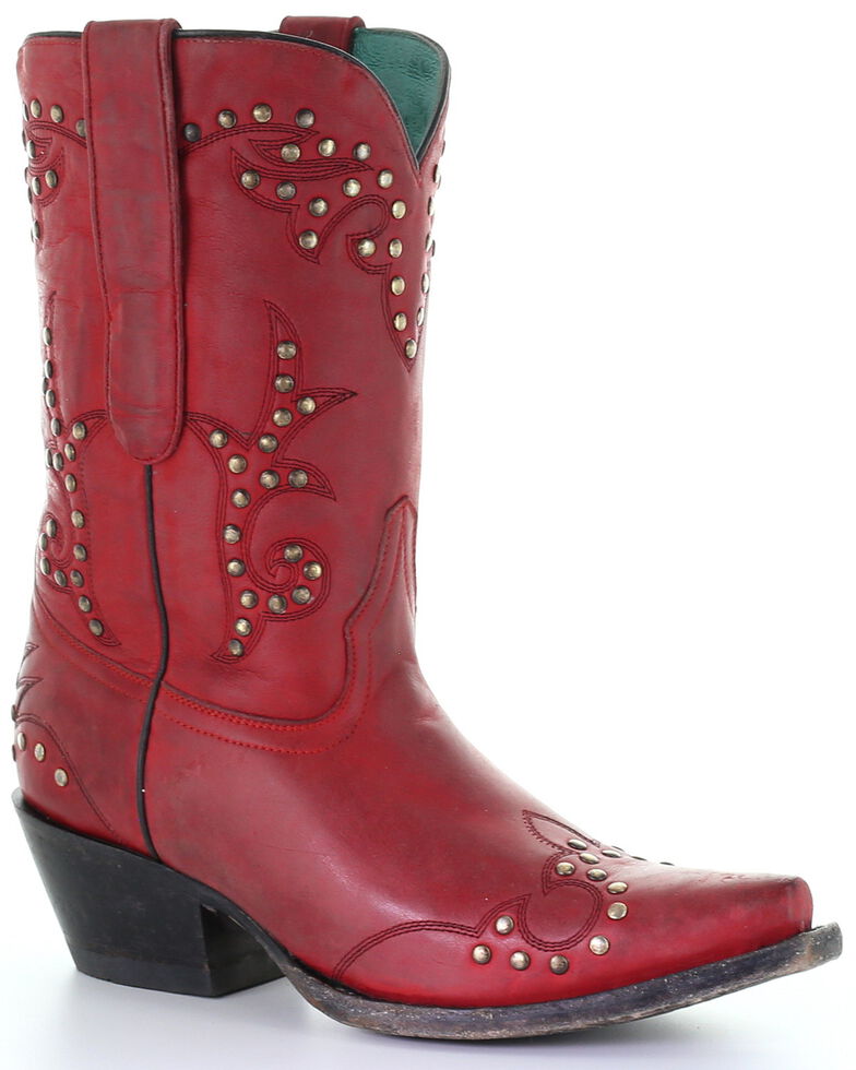 Corral Women's Studded Red Embroidery Western Boots - Snip Toe, Red, hi-res