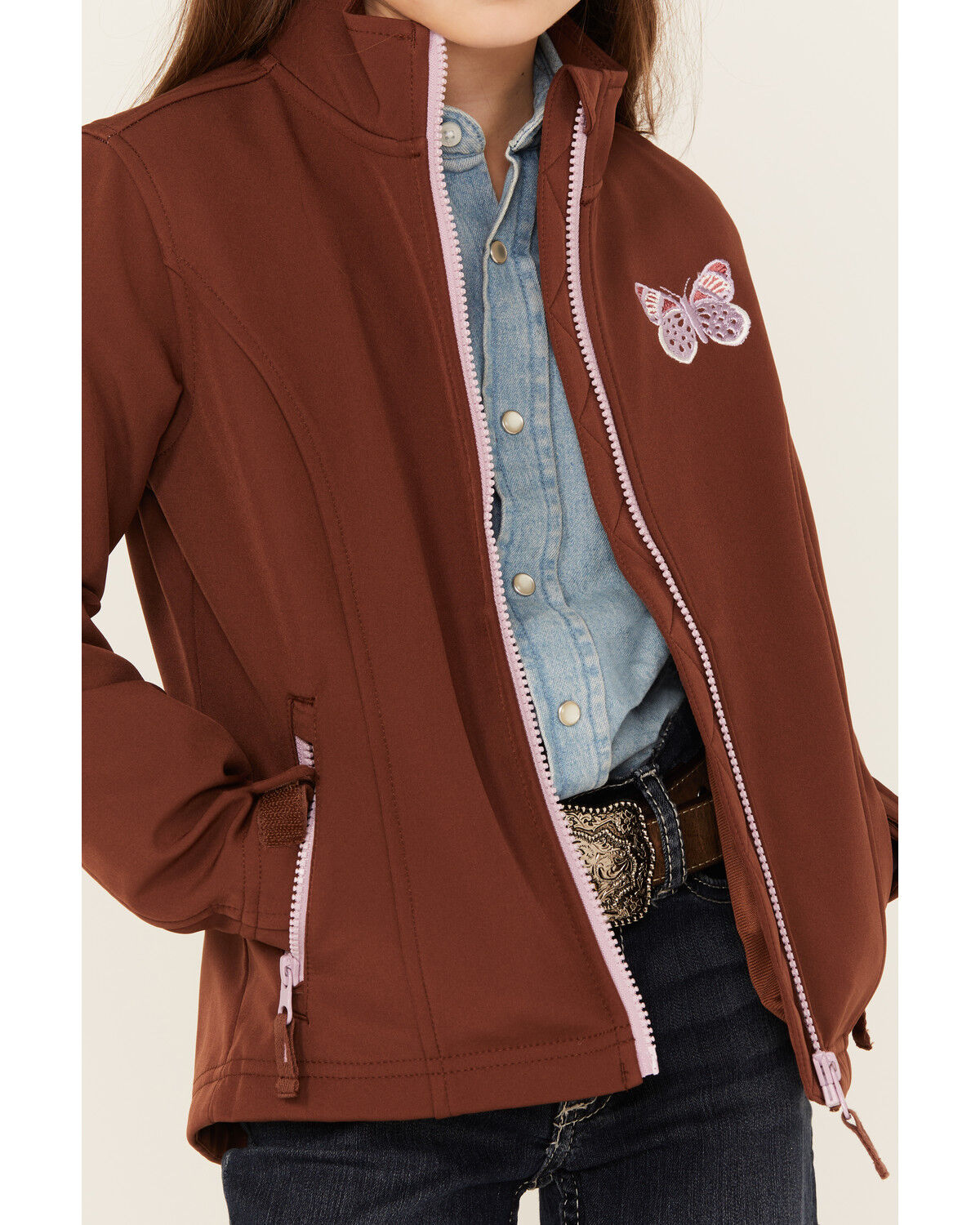 Image #3 - Shyanne Girls' Butterfly Embroidered Softshell Jacket, Chocolate, hi-res